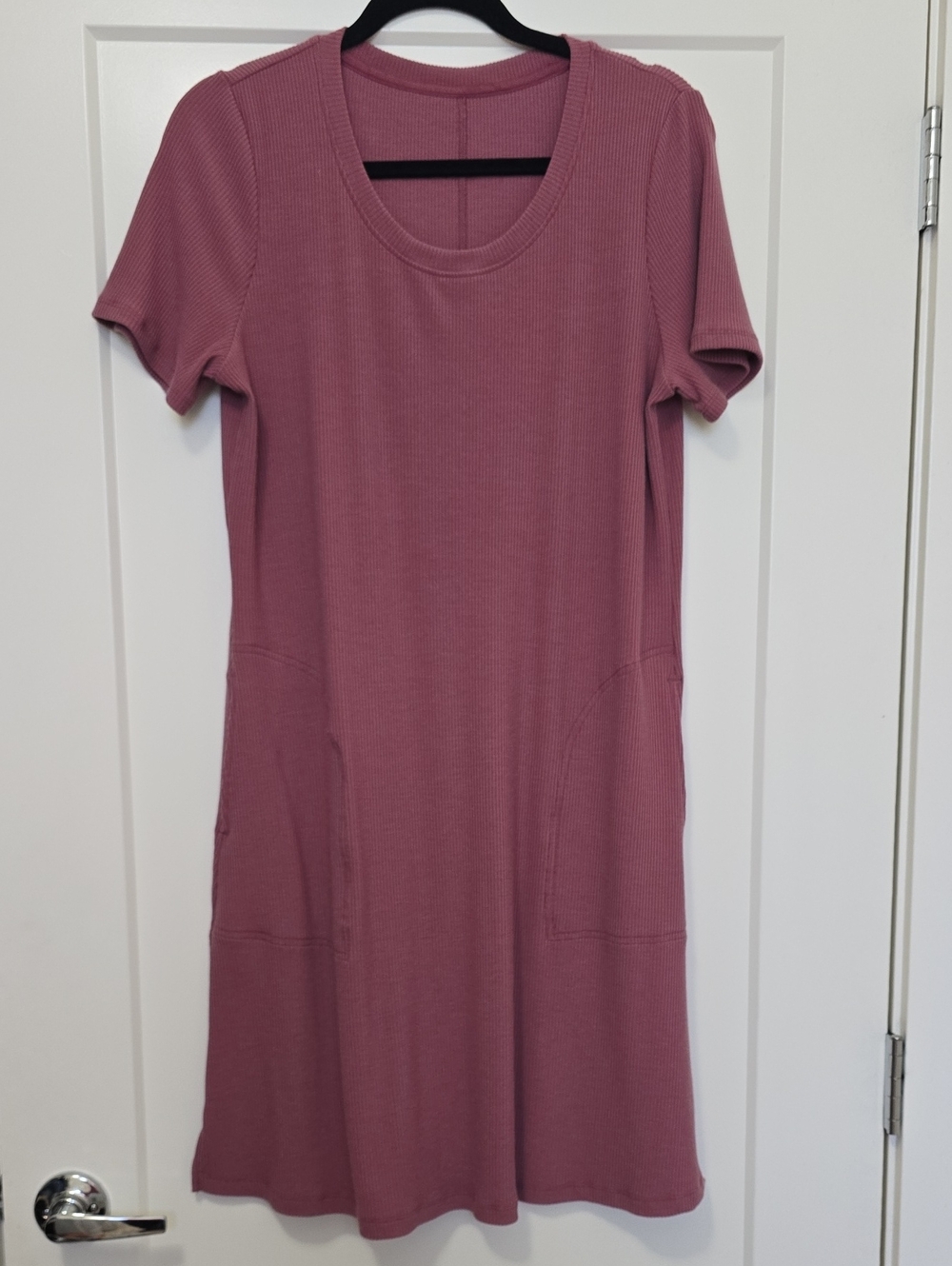Woolx Harlowe Mauve Plum Merino Wool Ribbed A-Line Pocket T-Shirt Dress – L